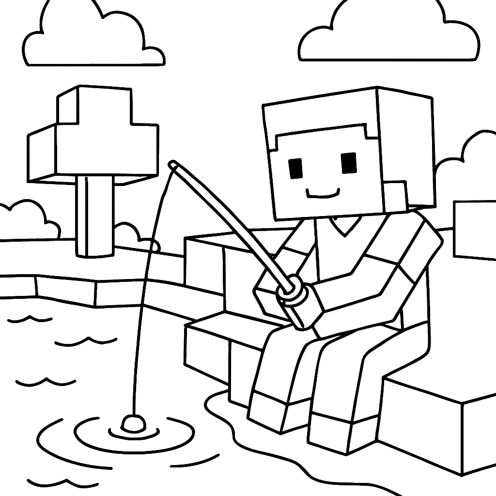 A Minecraft player fishing by a lake