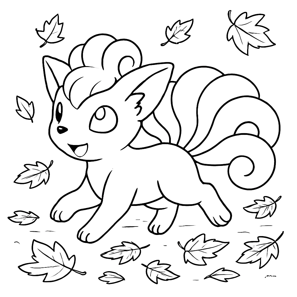 Pokemon Vulpix running through autumn leaves