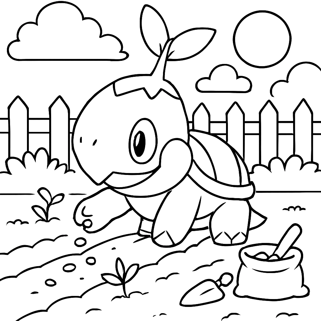 Pokemon Turtwig planting seeds in a garden