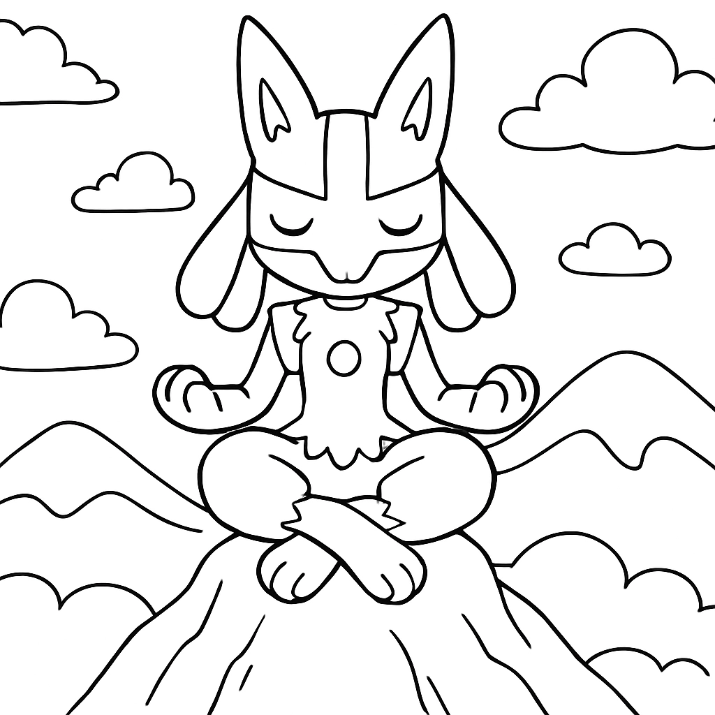 Pokemon Lucario meditating on a mountain