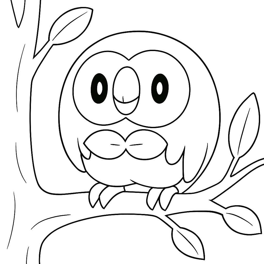 Pokemon Rowlet perched on a tree branch