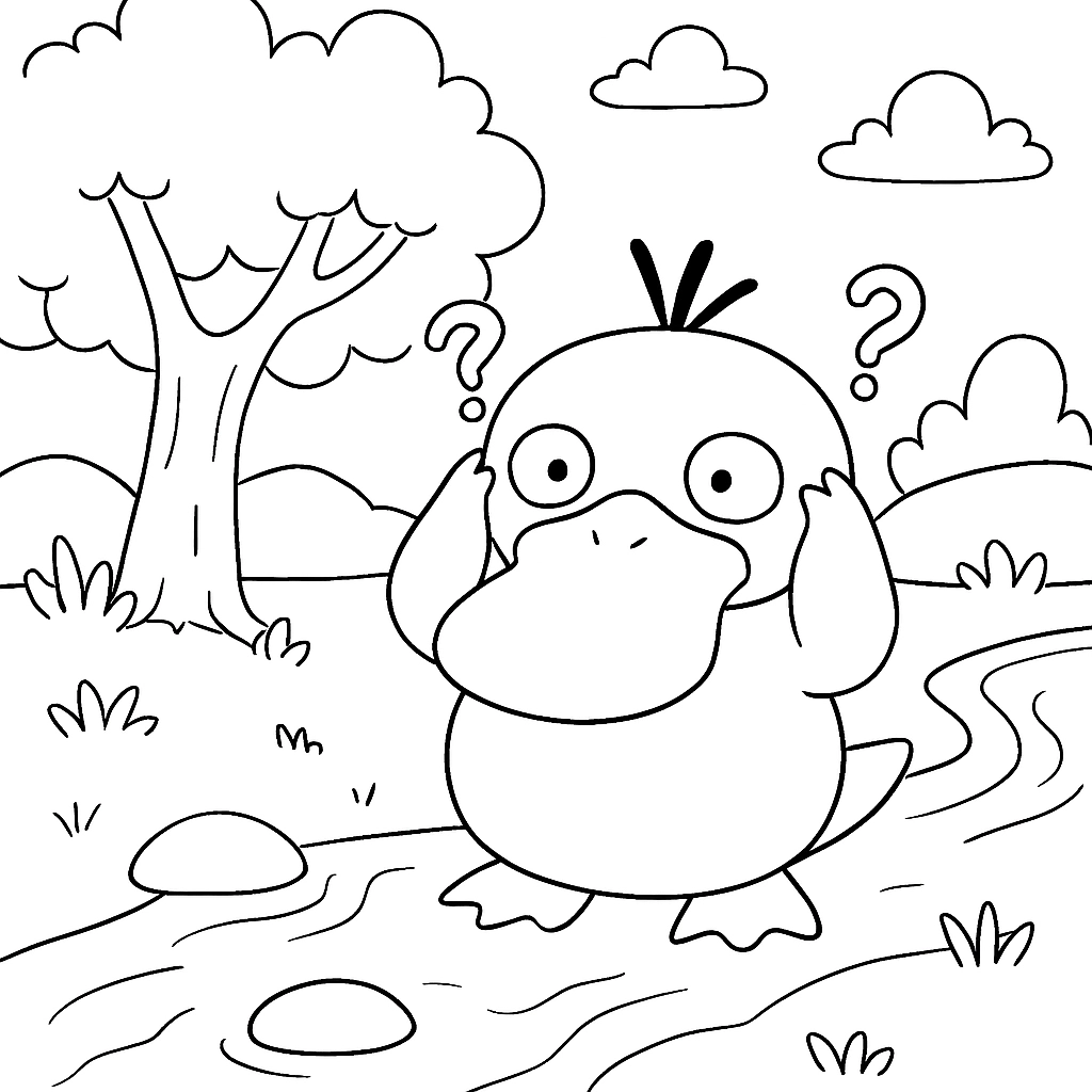 Pokemon Psyduck looking confused by a river