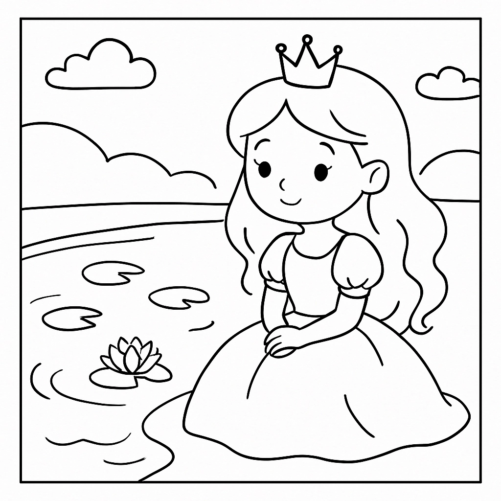 A princess beside a quiet pond with lily pads