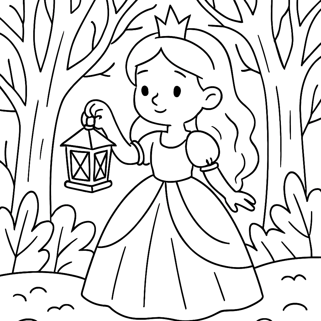 A princess holding a lantern in a dark forest