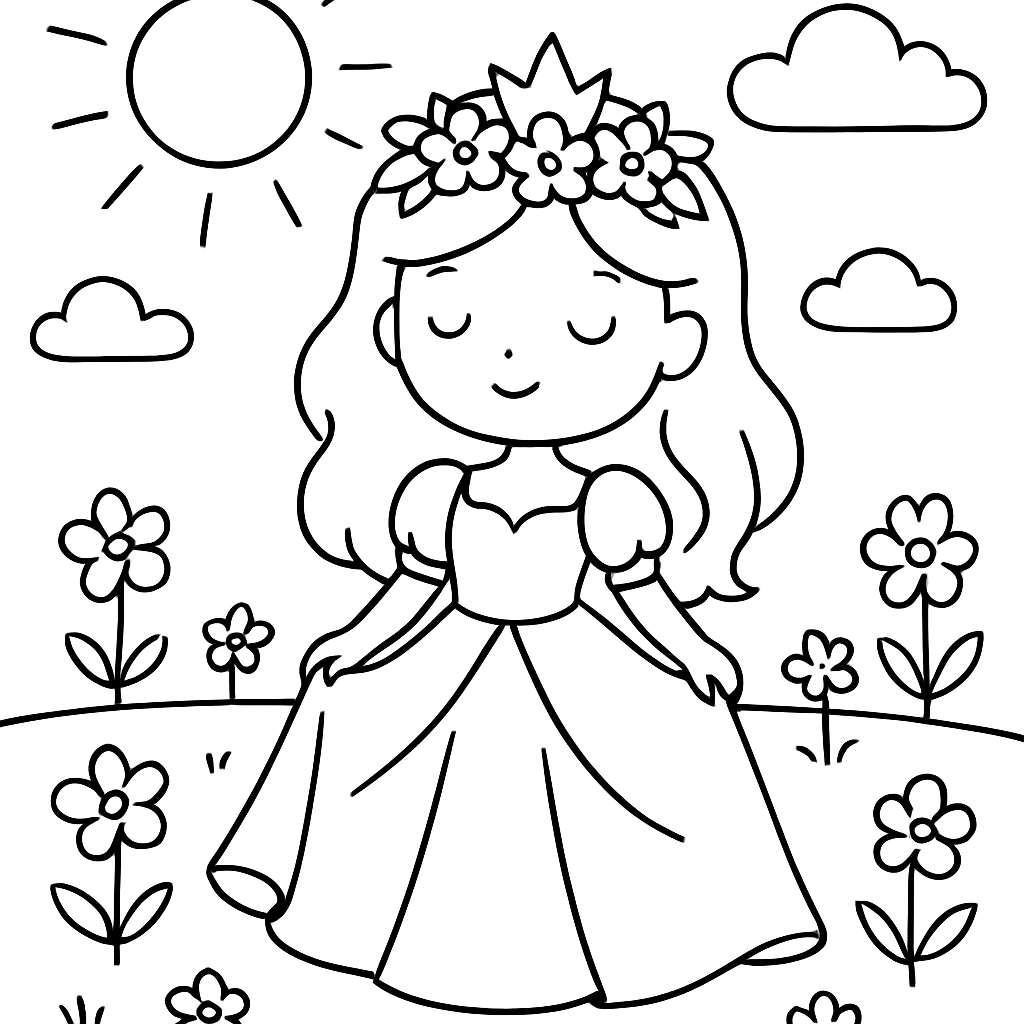 A princess wearing a flower crown in a sunny field