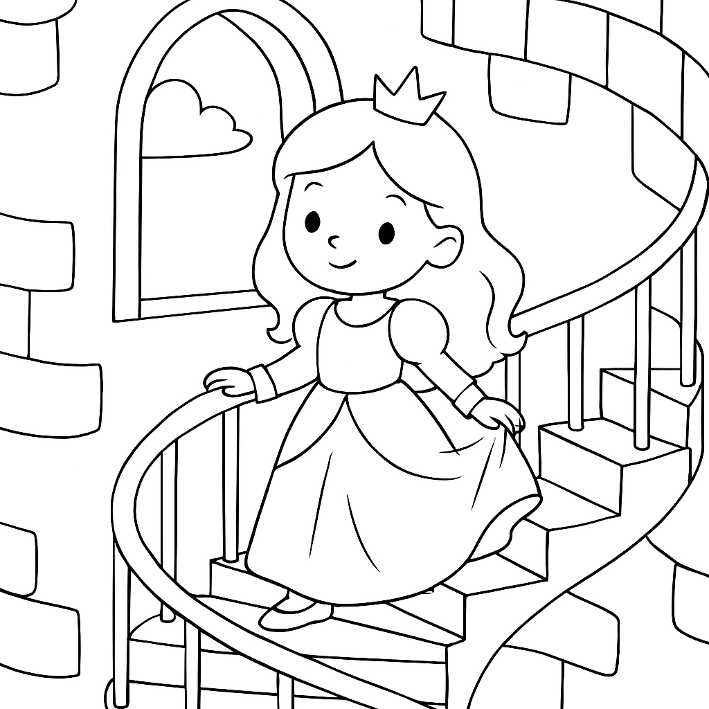 A princess climbing a spiral staircase inside a tower