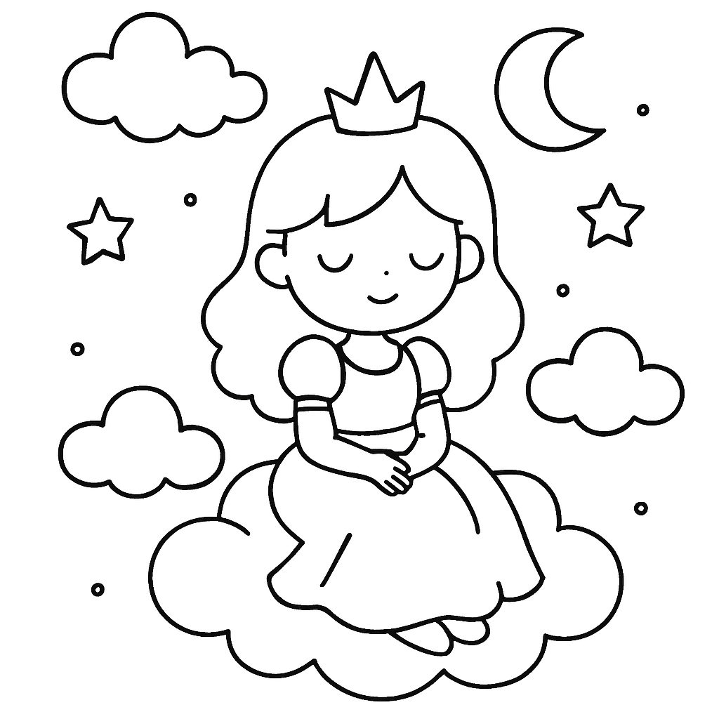 A princess sitting on a cloud in a dreamy sky