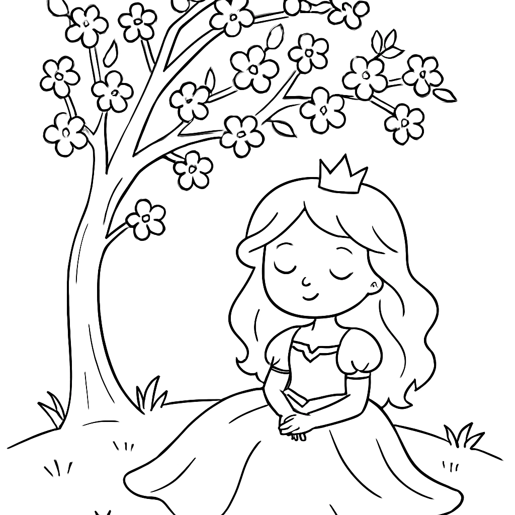 A princess resting under a blossoming cherry tree