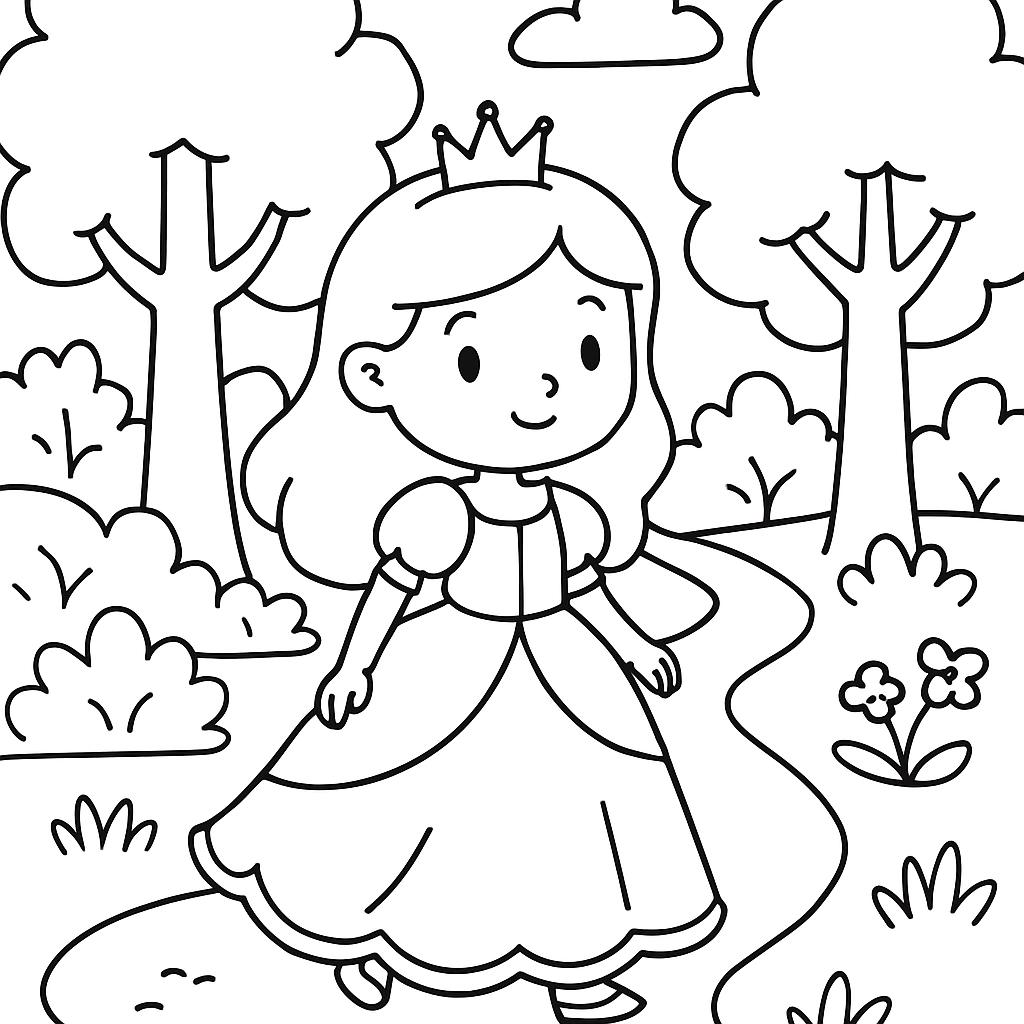 A princess walking along a winding forest path