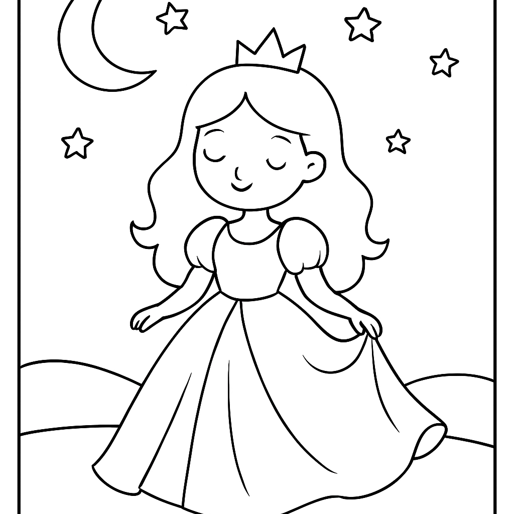 A princess wearing a flowing gown under a moonlit sky