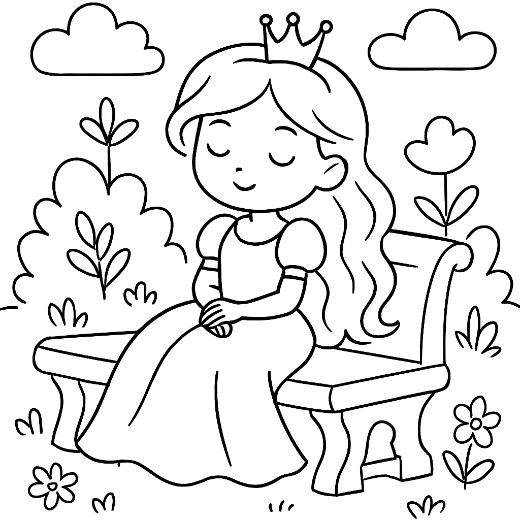 A princess resting on a stone bench in a garden