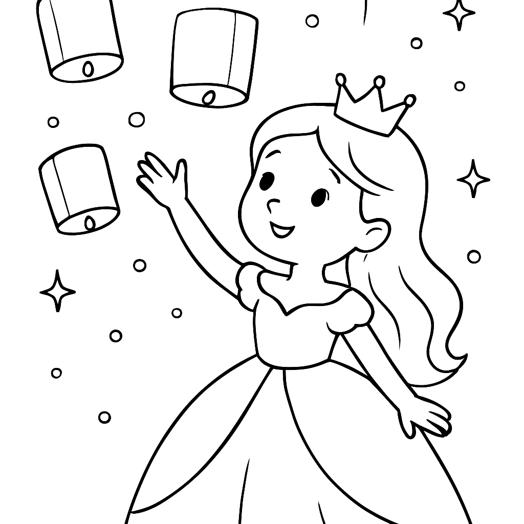 A princess reaching out to touch floating lanterns