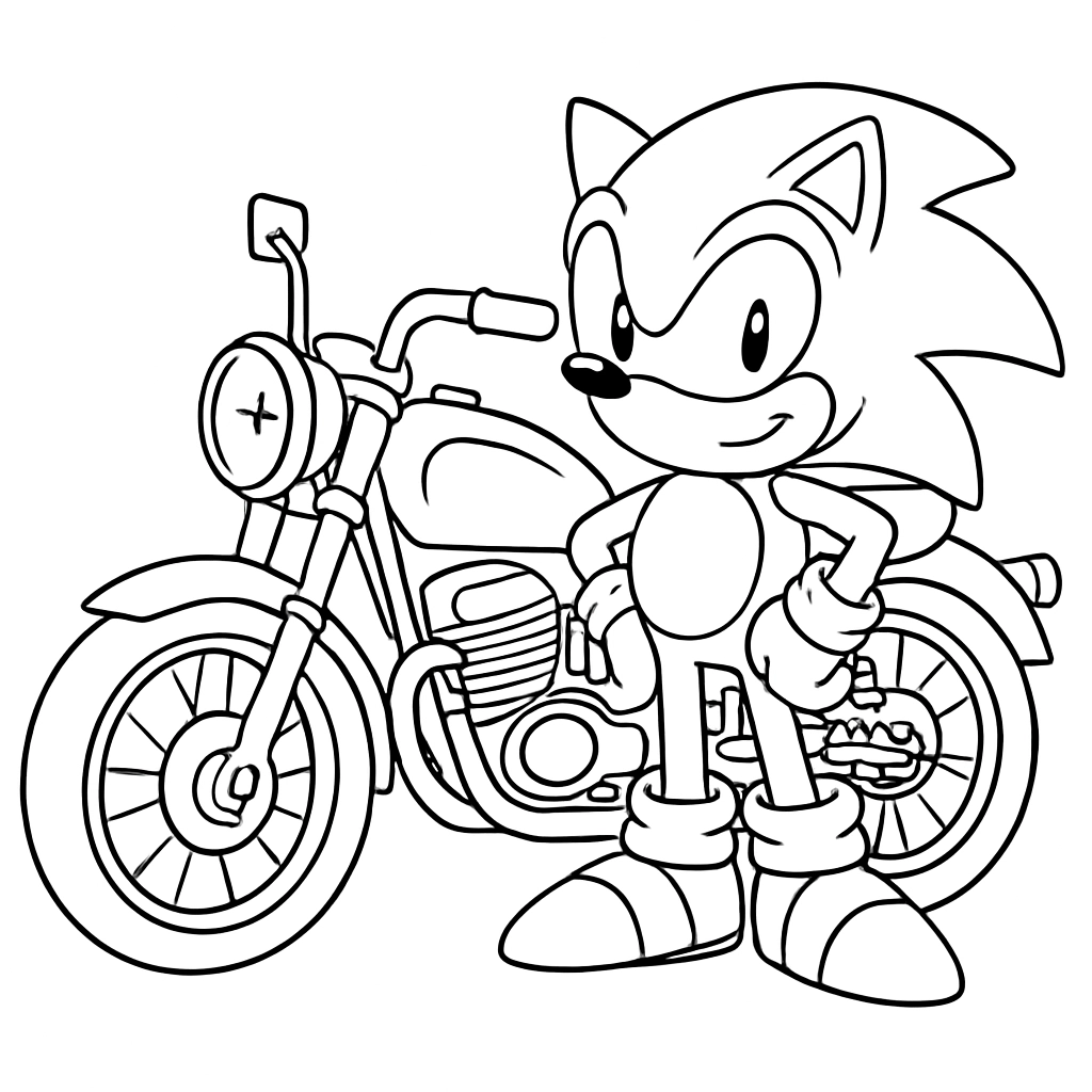 Sonic standing beside a shiny vintage motorcycle