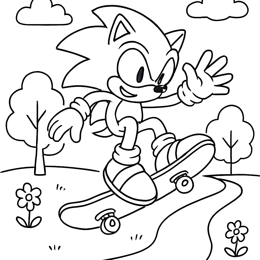 Sonic performing tricks on a skateboard in a park