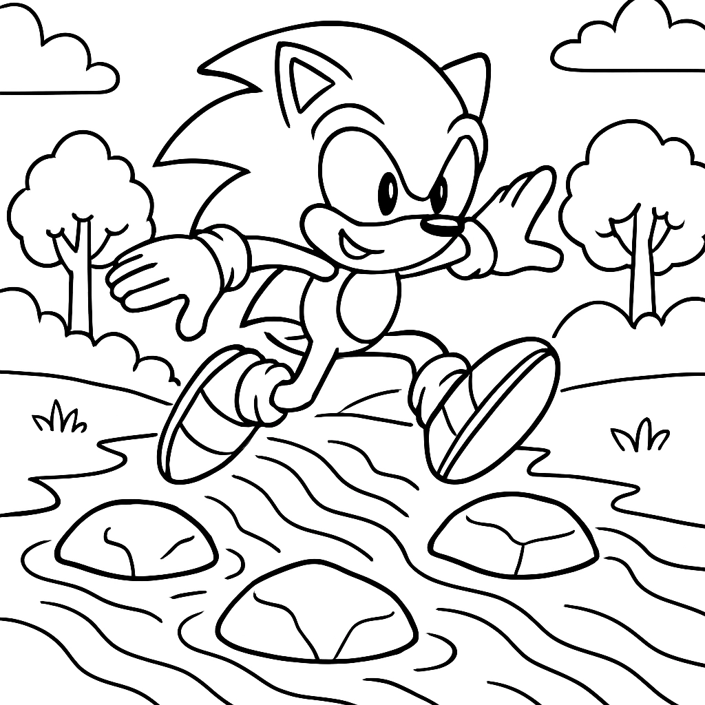 Sonic leaping over a rushing river with rocks