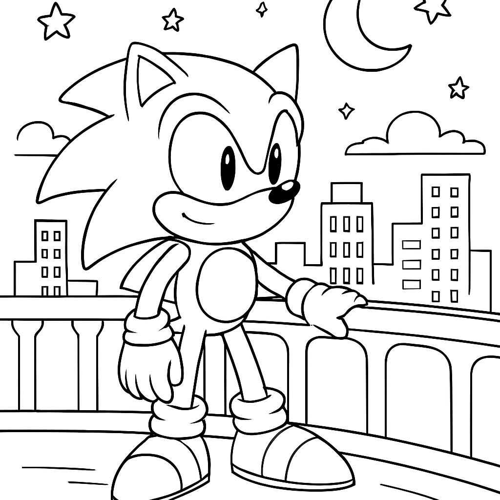 Sonic pausing on a bridge overlooking a city at night