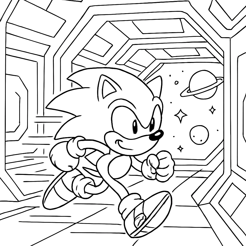 Sonic speeding across a futuristic space station corridor