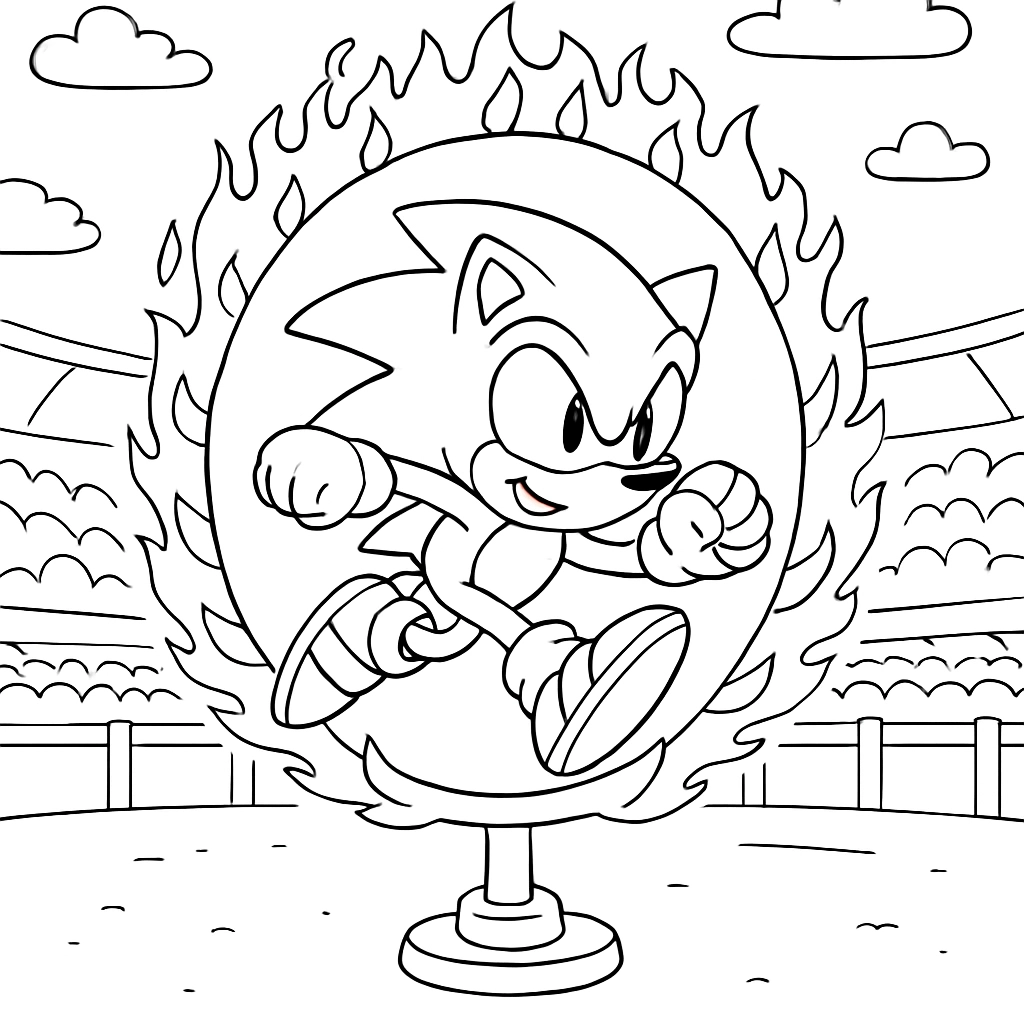 Sonic leaping through a ring of fire in an arena