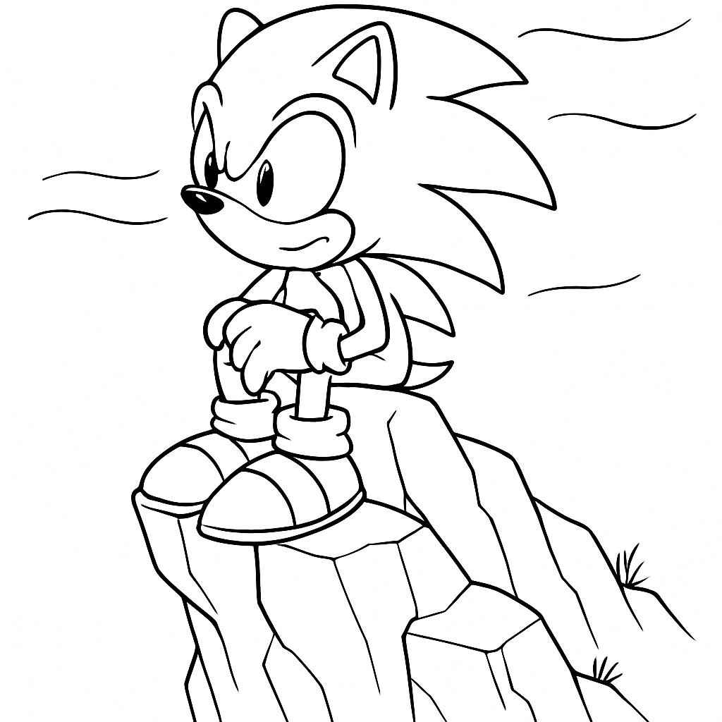 Sonic perched on a rocky cliff with wind blowing