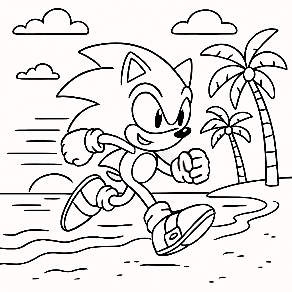 Sonic racing against a sunset on a beach shore