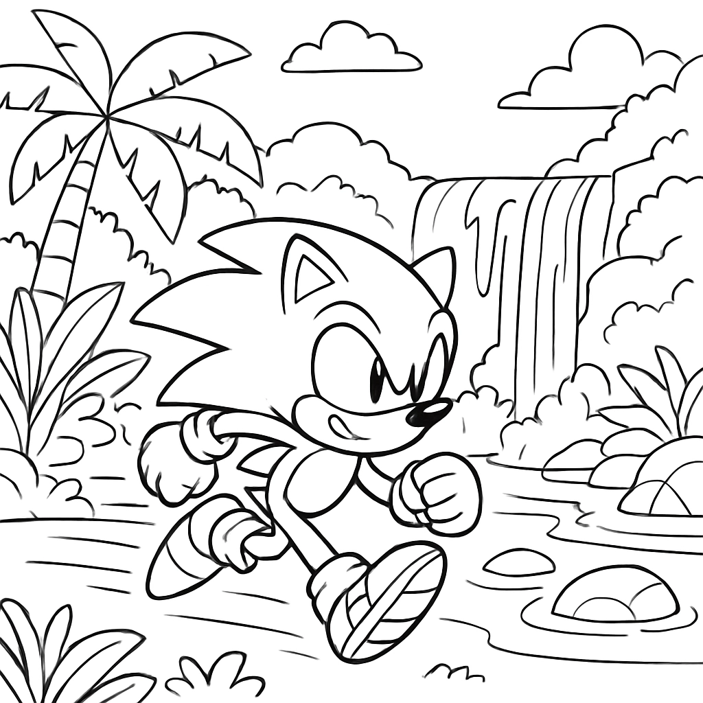 Sonic dashing past waterfalls in a lush jungle