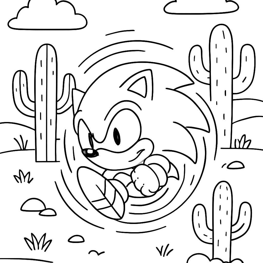 Sonic spinning in a colorful desert with cacti