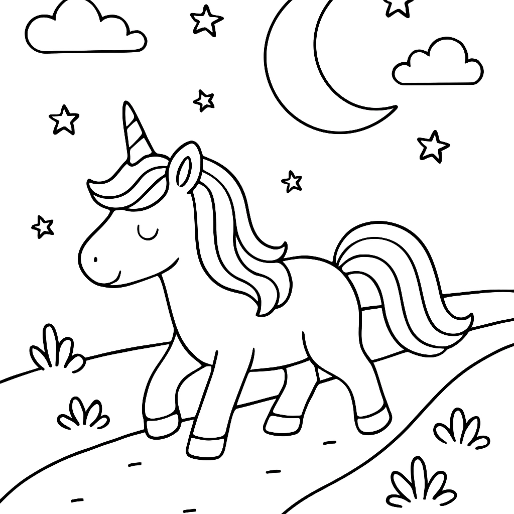 A unicorn walking along a moonlit path
