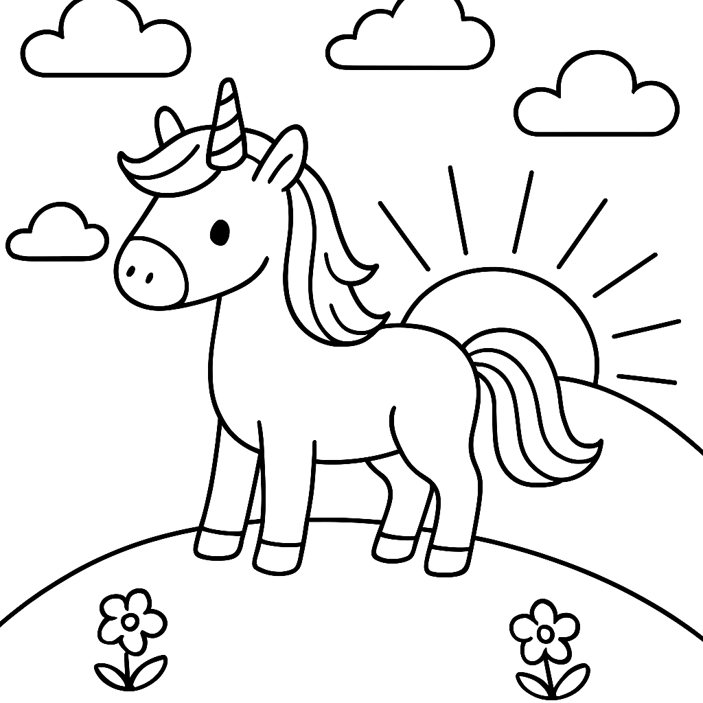A unicorn standing on a hill during sunrise