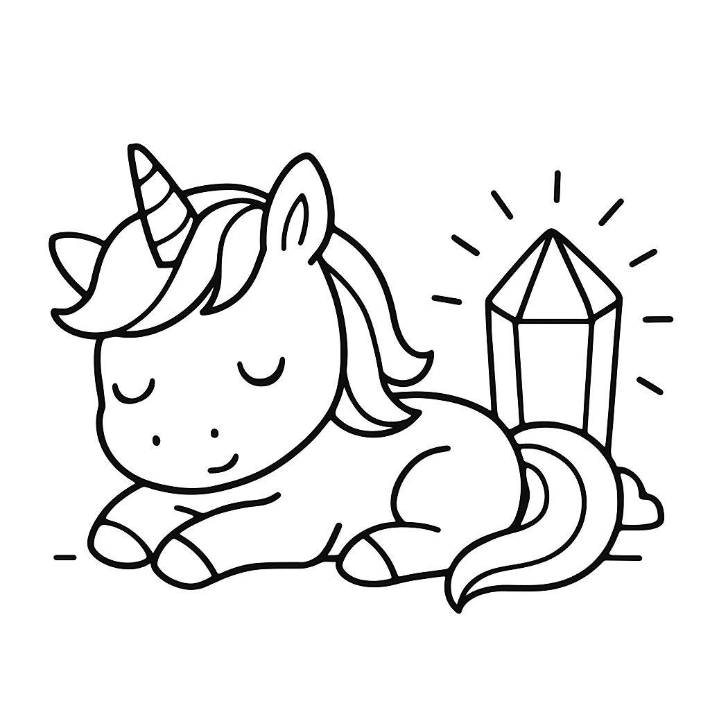 A unicorn sleeping next to a glowing crystal