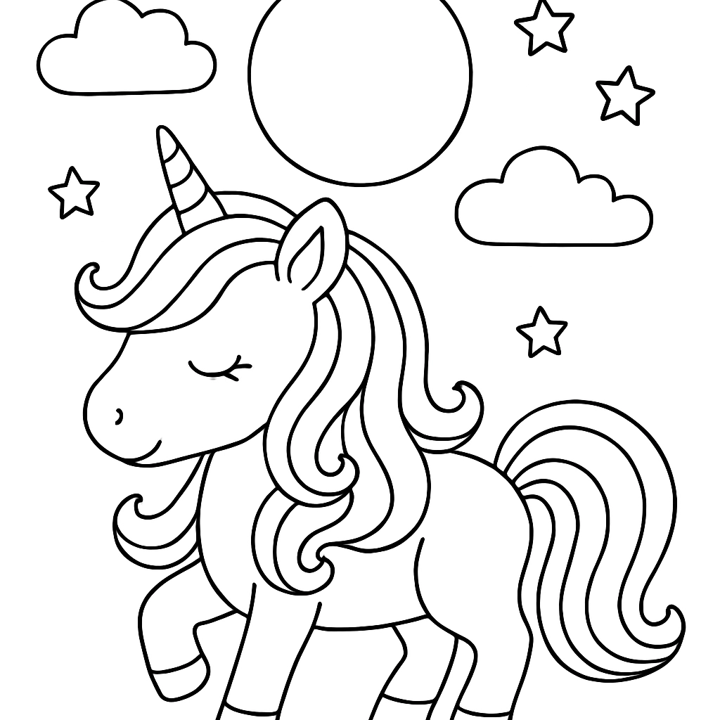 A unicorn with a swirling mane under a full moon