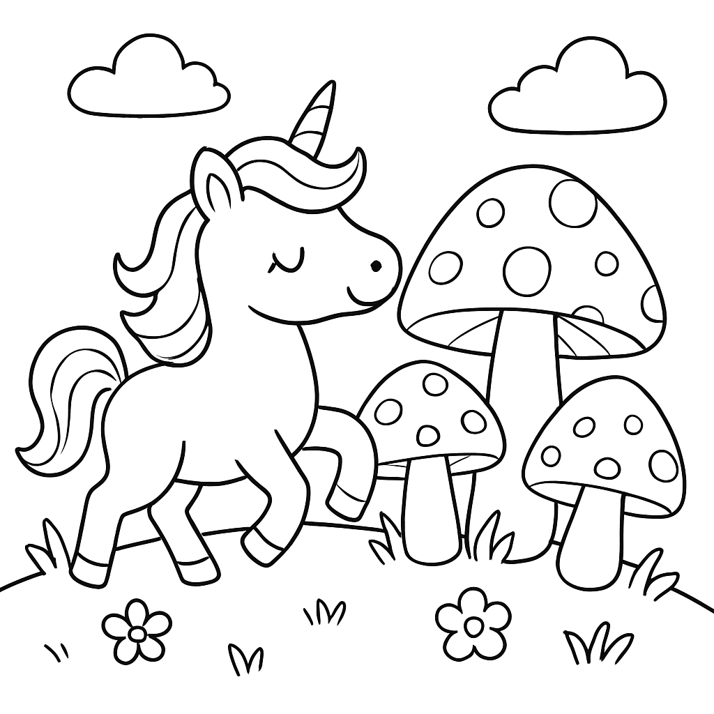 A unicorn prancing near a garden of oversized mushrooms