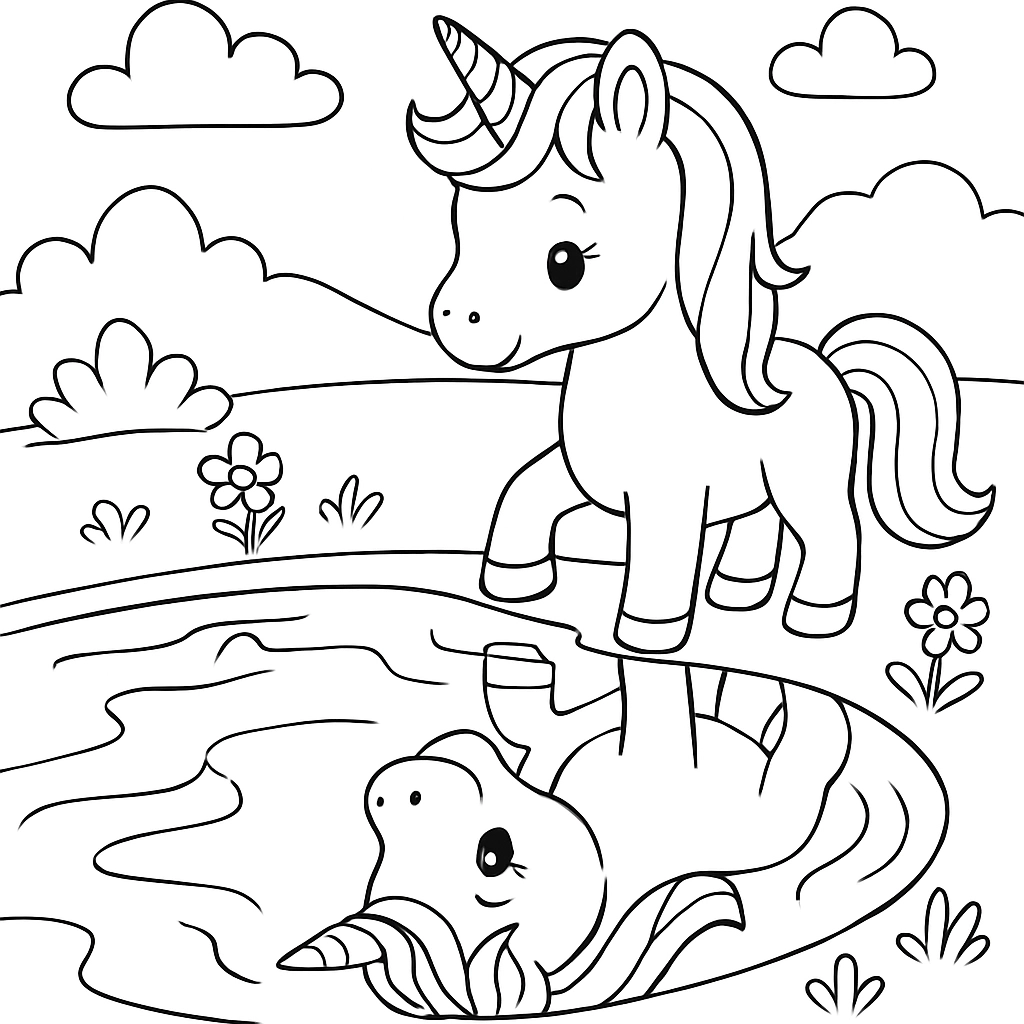 A unicorn looking at its reflection in a clear lake