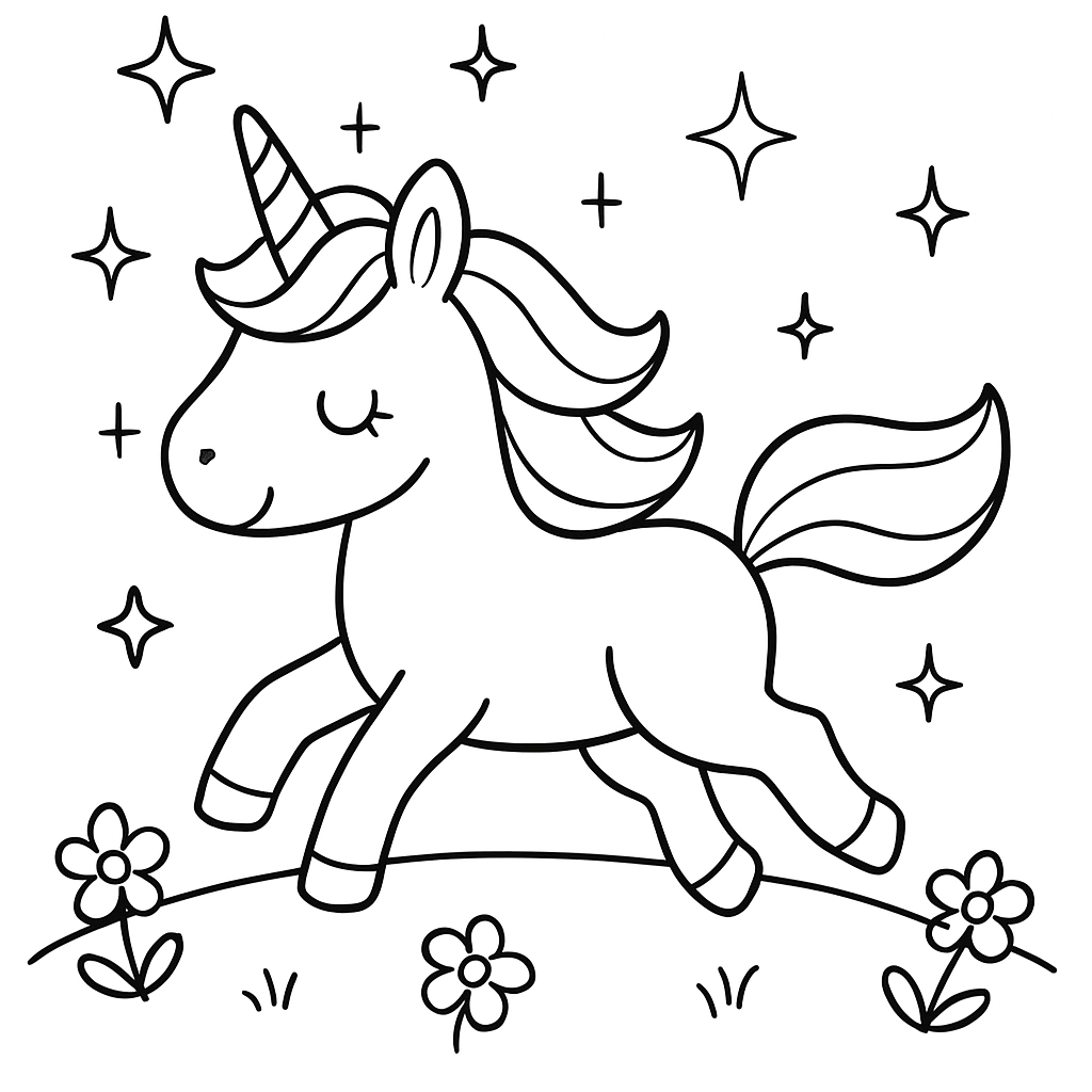 A unicorn galloping through a field of sparkles