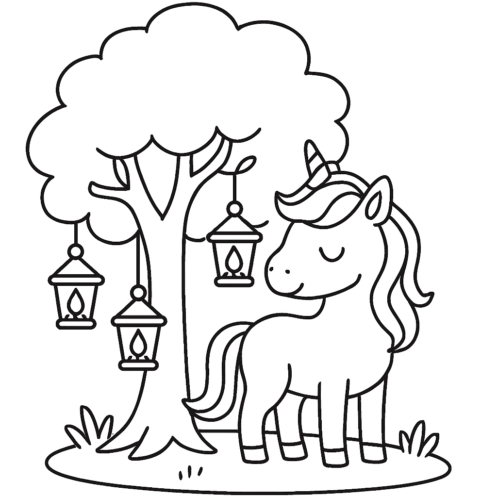 A unicorn standing beside a tree with magical lanterns