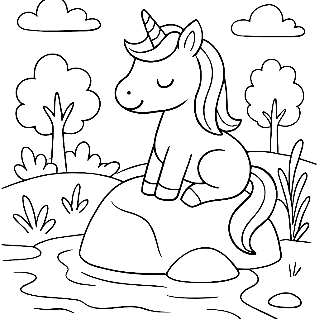 A unicorn perched on a rock by a quiet stream