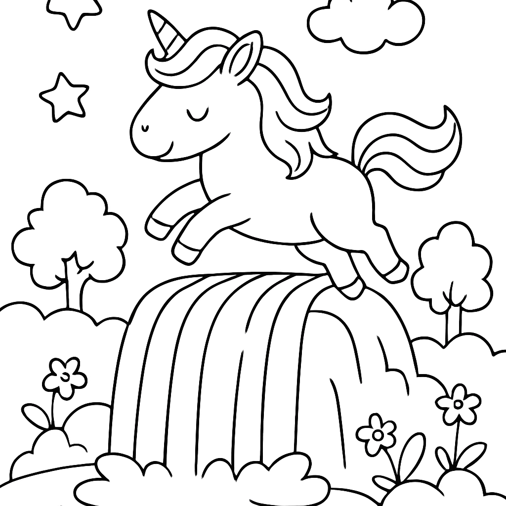 A unicorn jumping over a magical waterfall