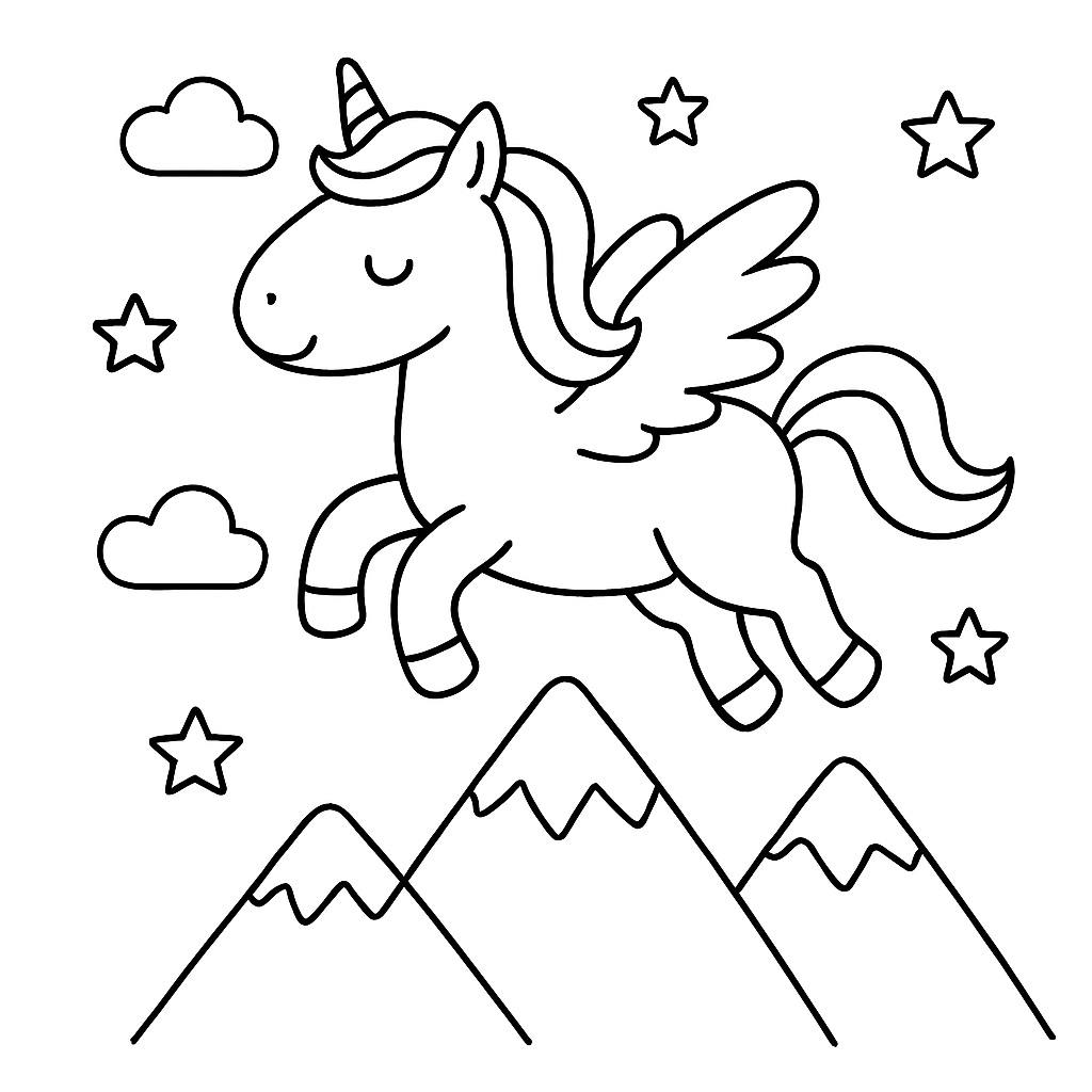 A unicorn with wings flying above mountains