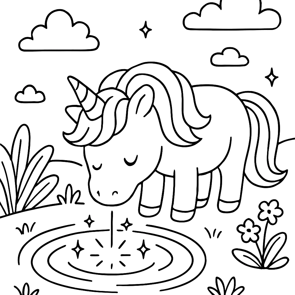 A unicorn drinking from a glowing pond