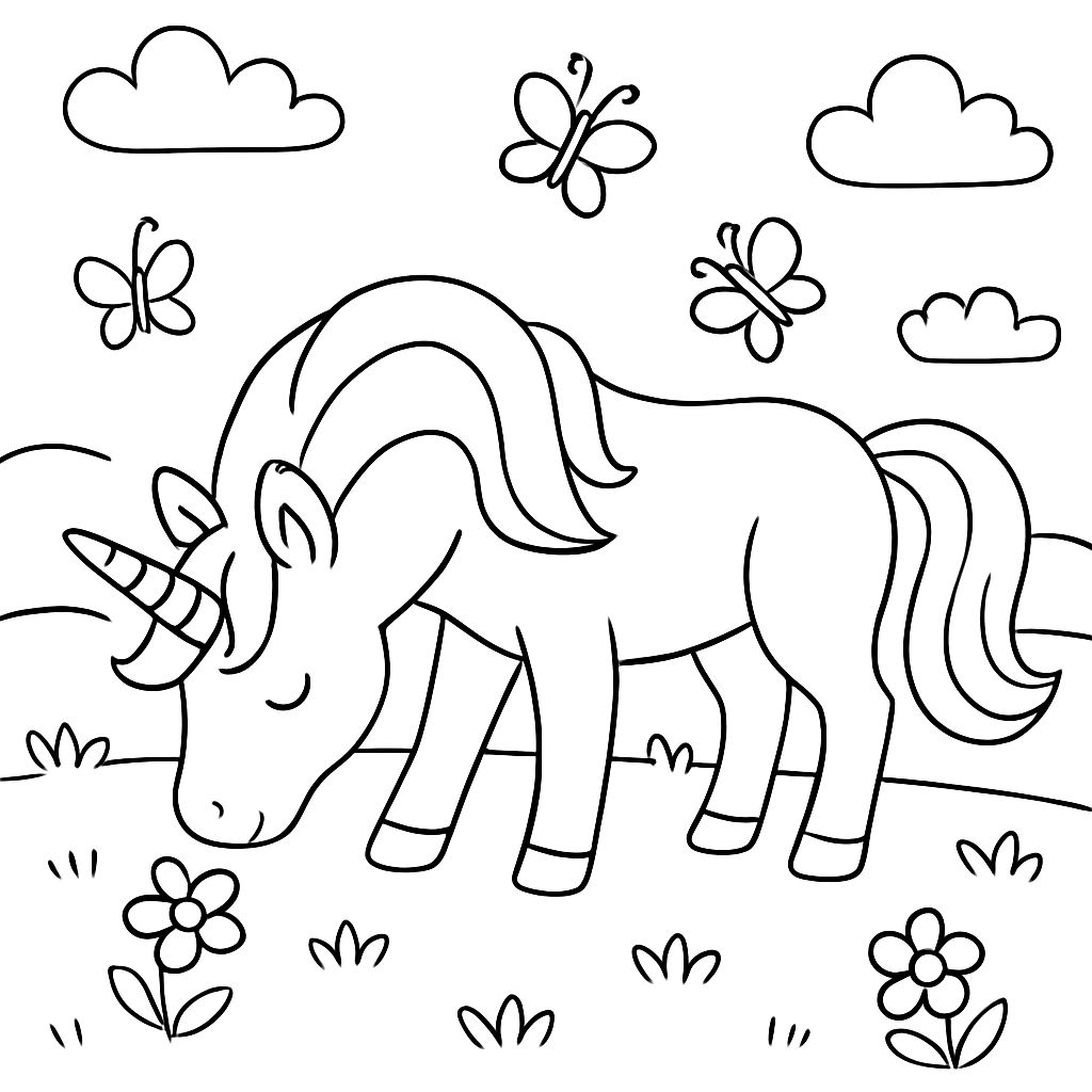 A unicorn grazing in a meadow with butterflies